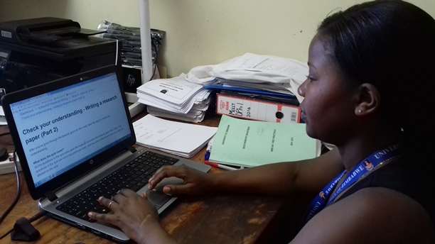 Molly Mombeshora from University of Zimbabwe, taking one of the online lessons.